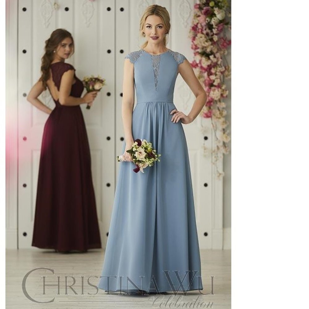 NEW Christina Wu Blue Slate Lace Bridesmaid Wedding Full Length Maxi Dress P2814